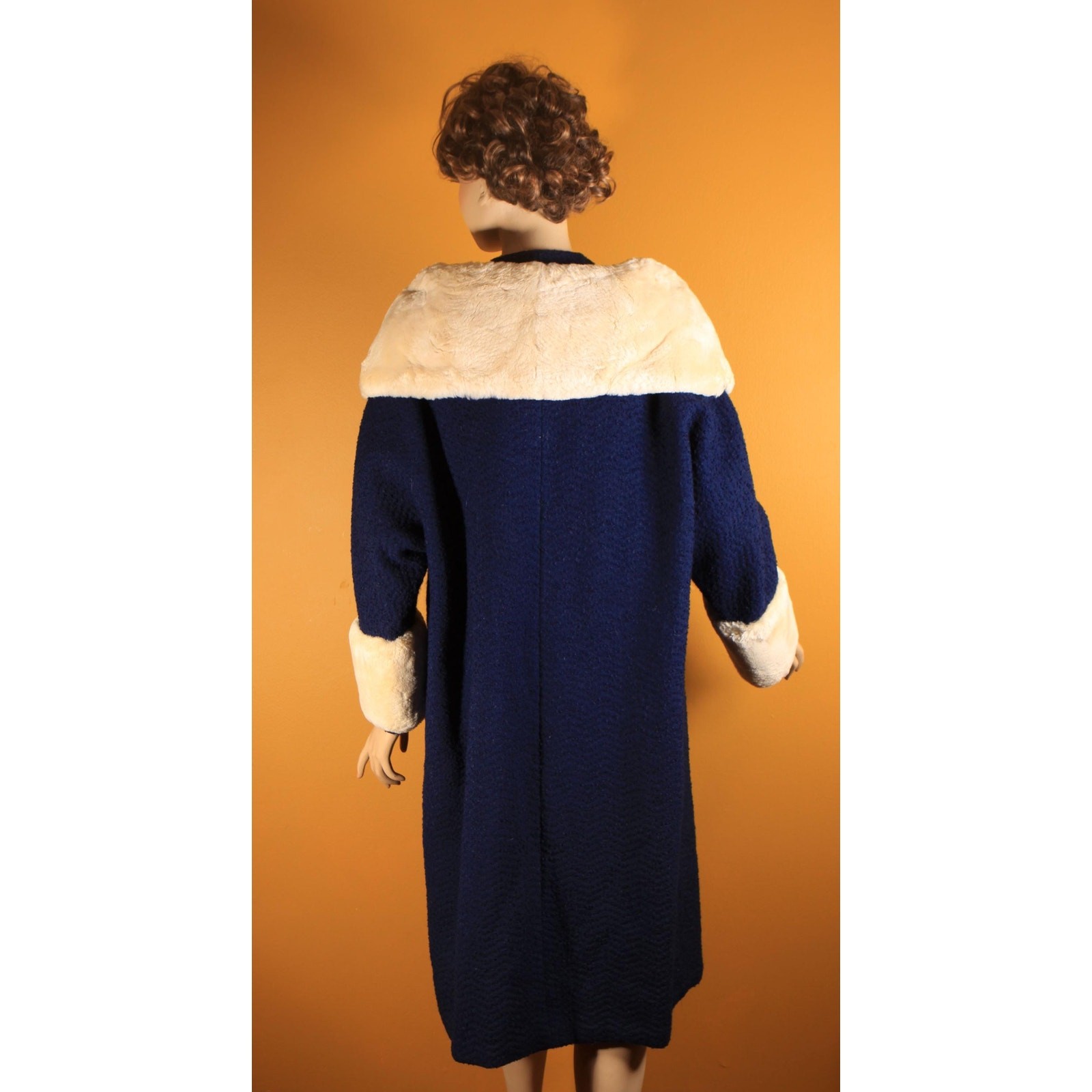1950s Blue Long Sleeve Cream Sheared Chinchilla Fur Cuff Collar Coat by Adler’s