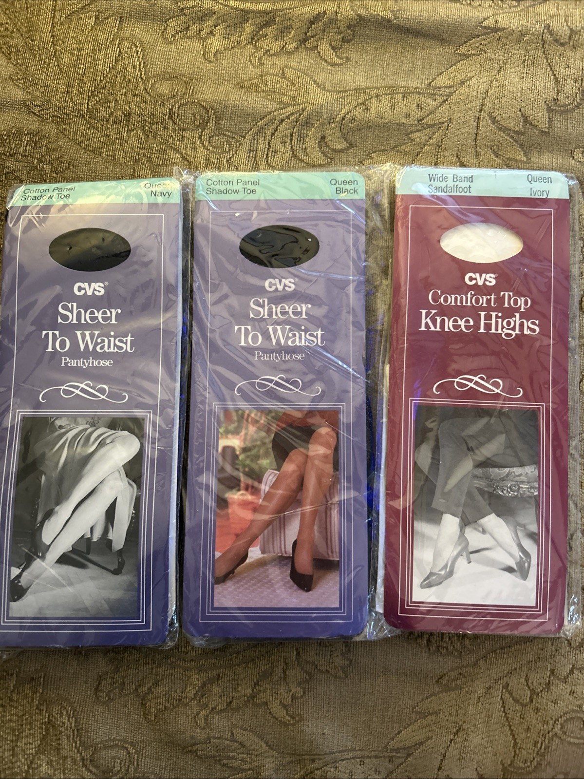 Lot Of 2 Vtg 80s CVS Drugstore Sheer To Waist Pantyhose Queen +1 Pack Knee Highs