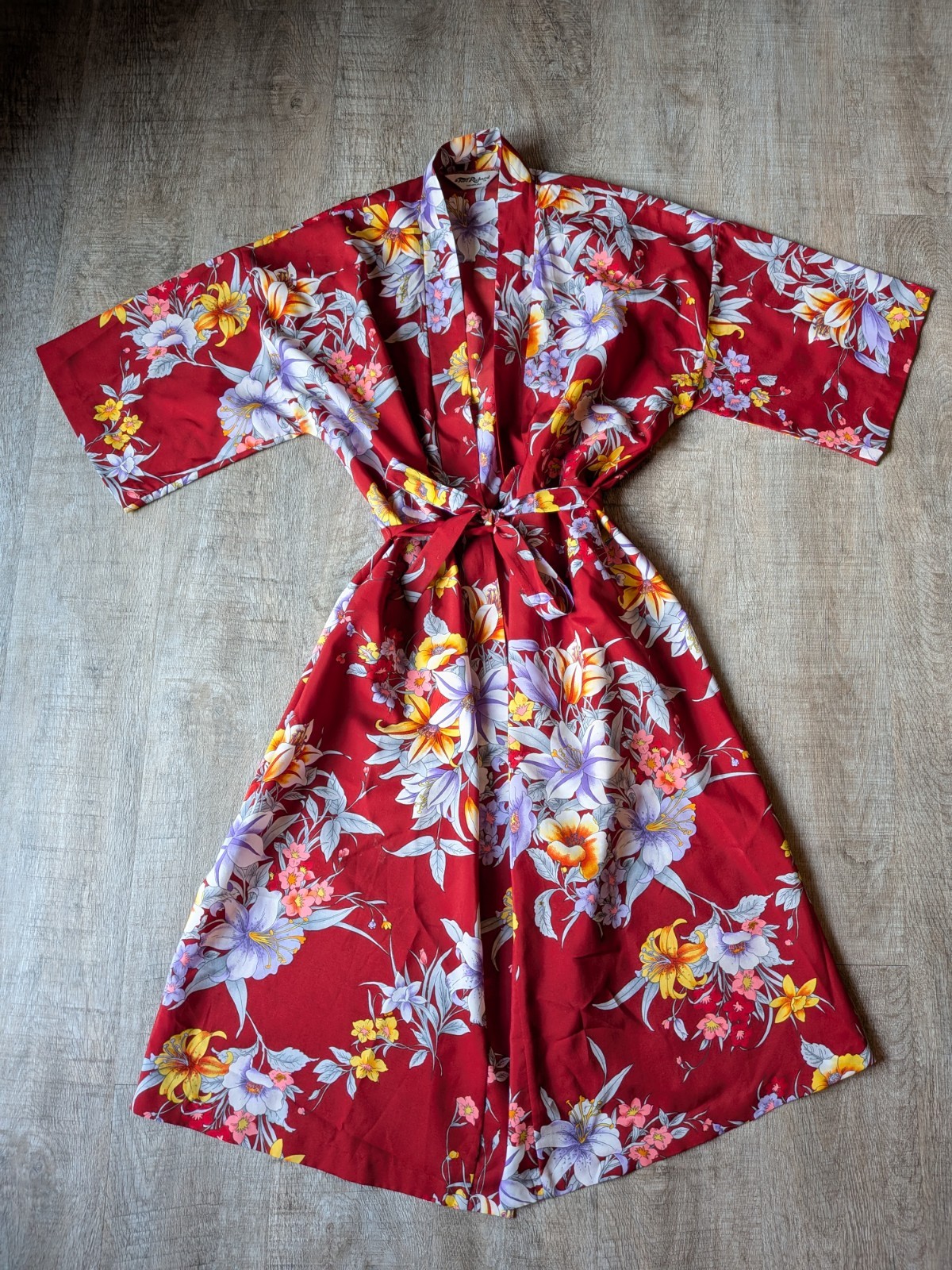 VTG Tori Richard Honolulu Red Floral Kimono Robe Lounge Wear SZ S 80’s Hawaiian