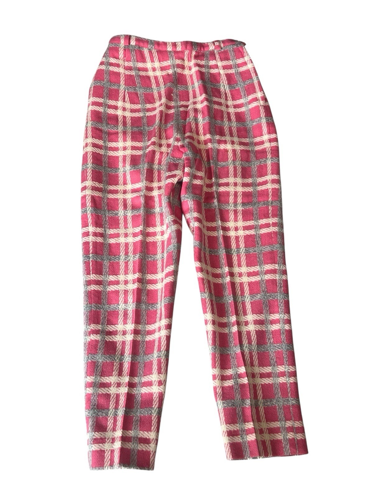 vintage Plaid Wool Pants 1970s Women’s Size S Pink Grey High Waist Lined