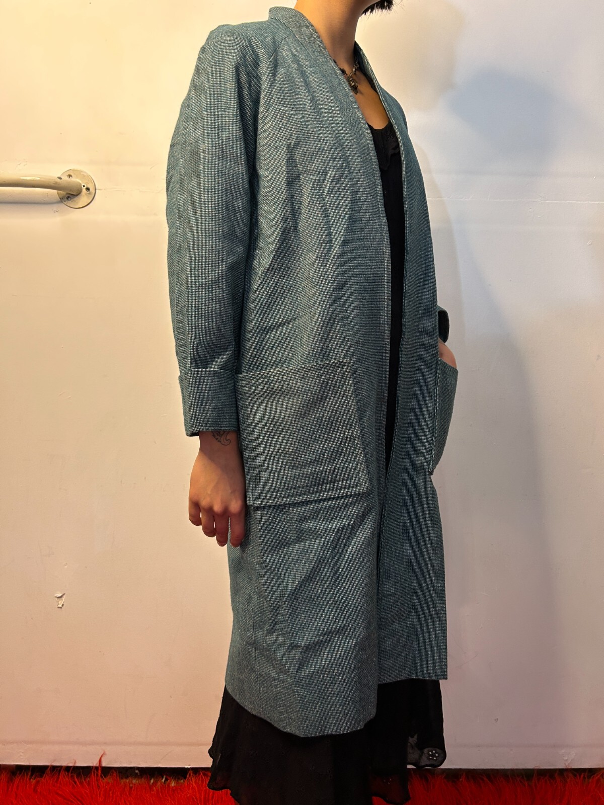 Vintage 1980s Blue Green Womens Woven Duster Coat Textured Cotton AU 6-8