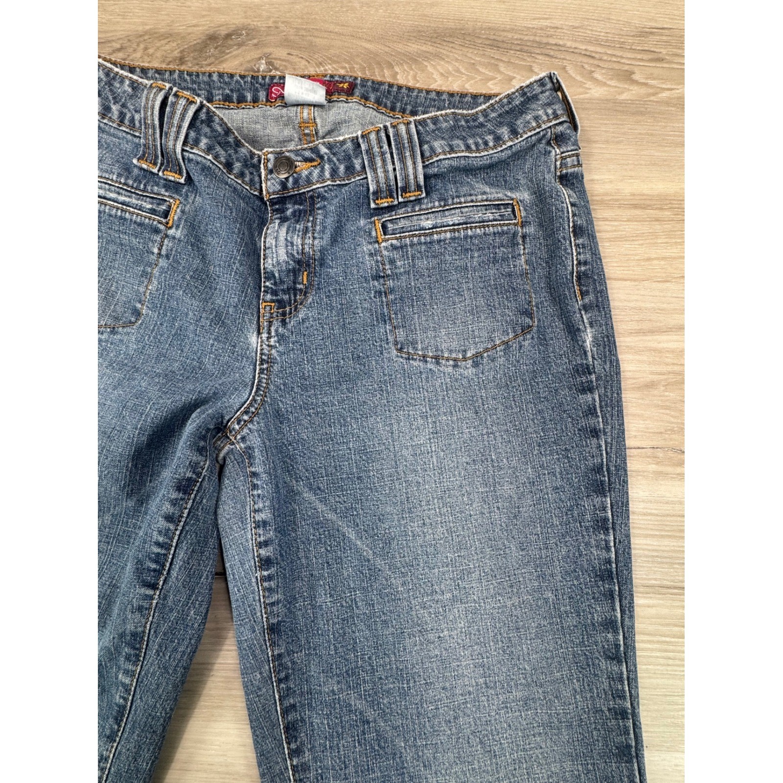 2000s Y2K SO Flare Jeans Low Rise Embroidered Pockets Size 11 pants are hemmed
