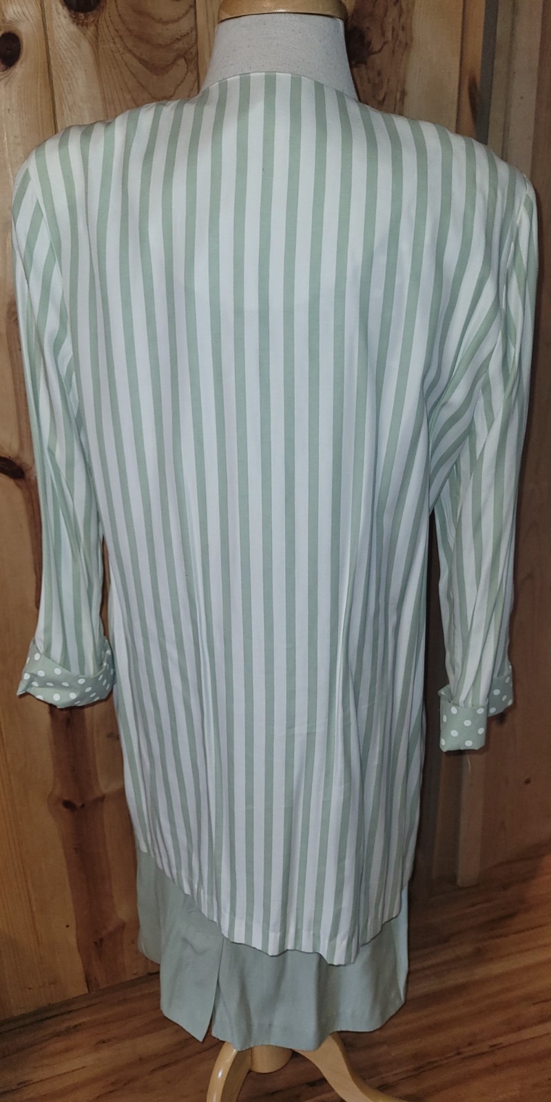 1980s STUART ALAN Sage Green Career Wear Polka Dot Belted Dress + Striped Jacket
