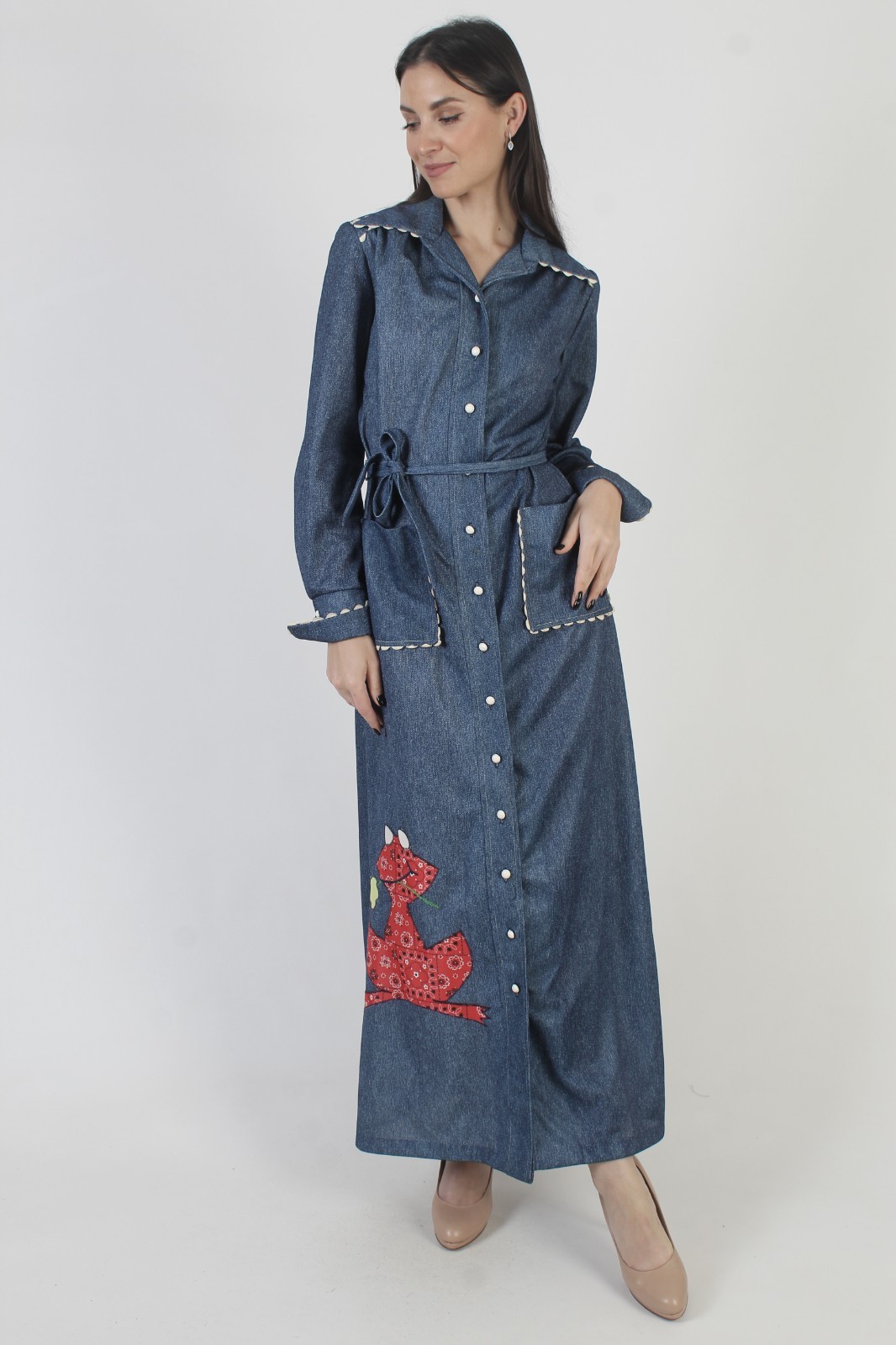 Vtg 70s Chambray Frog Prairie Dress Americana Bandana Belted Ric Rac Trim Maxi