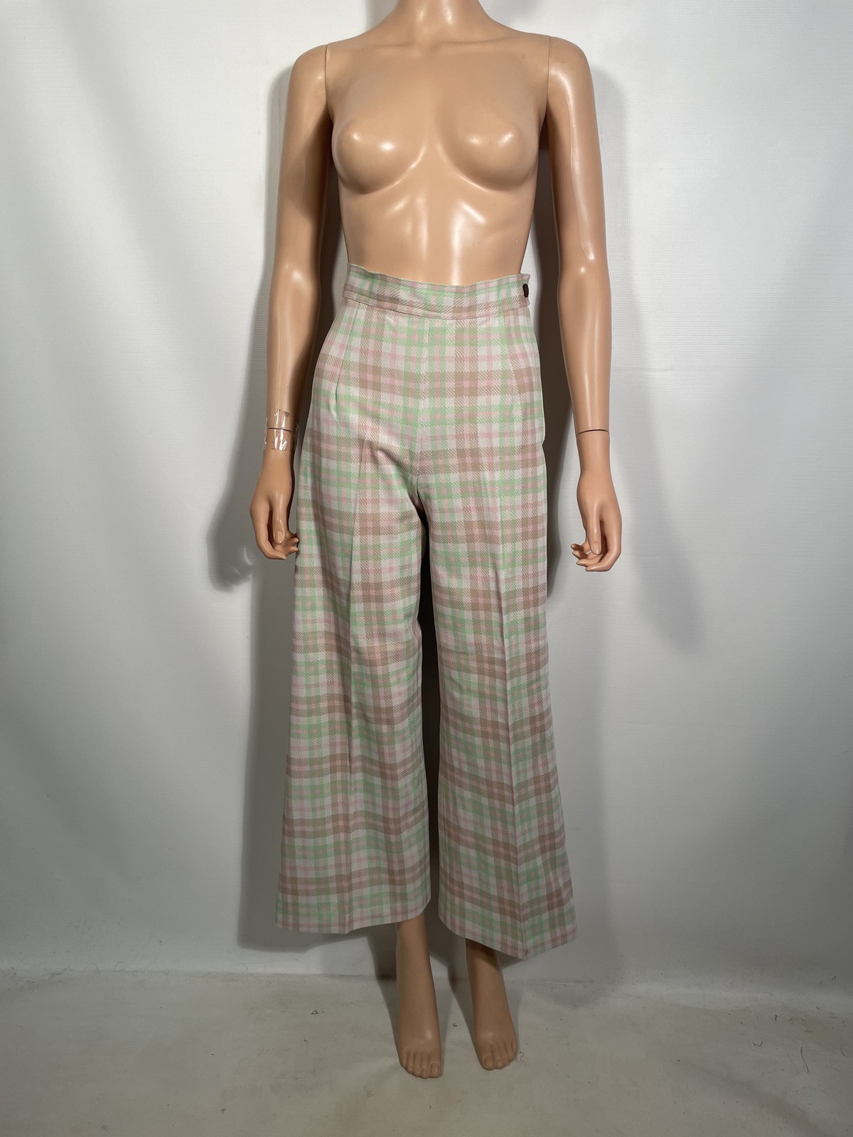 Vintage 1970s Plaid High Waist Wide Leg Polyester Pants Size S