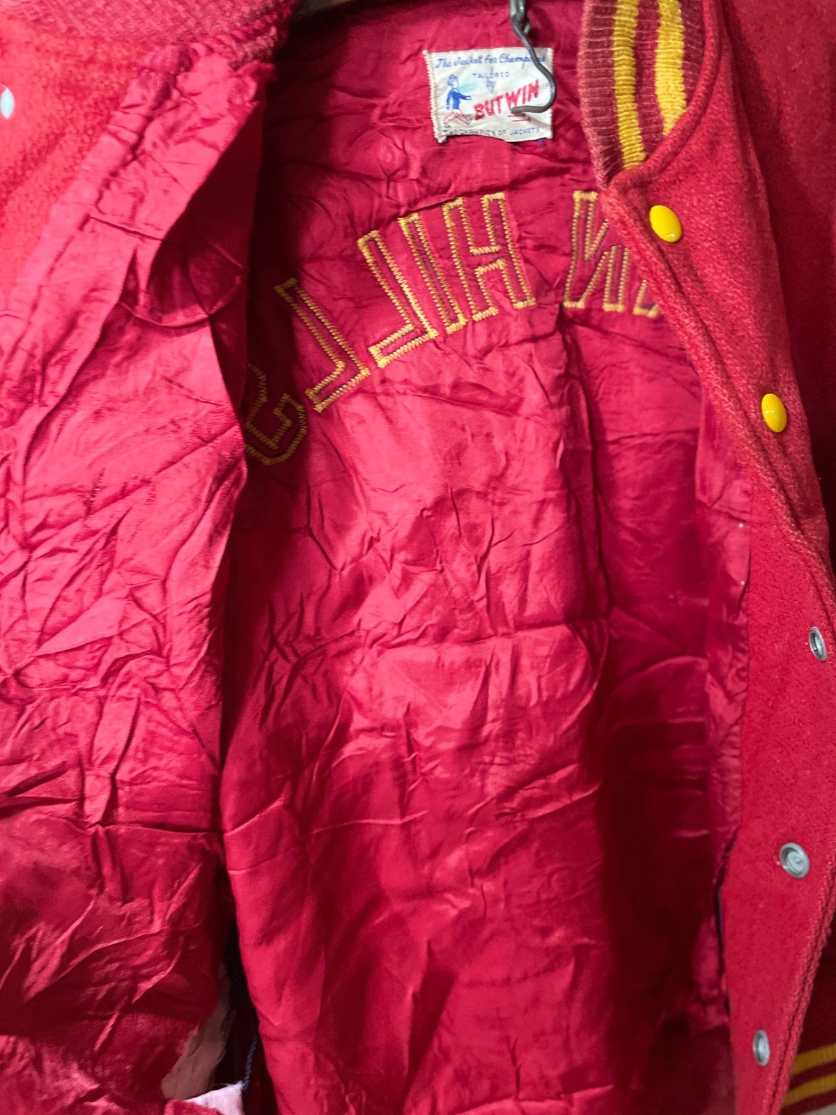 Vintage 1940s–50s Butwin Varsity Jacket “Penn Hills” – Red Wool, Yellow Trim