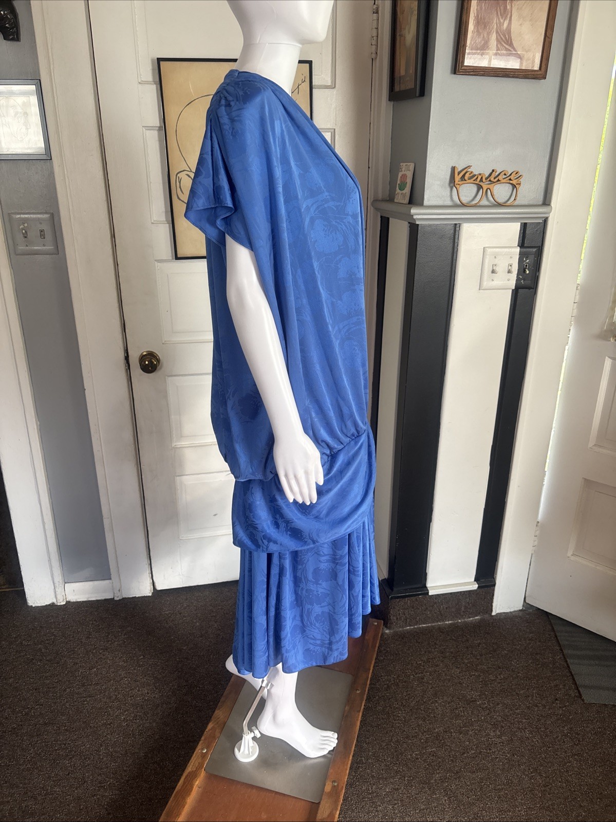80s RICCARDO Drop Waist Dress Blue Size 16.5 USA made Silky Floral Shoulder Pads