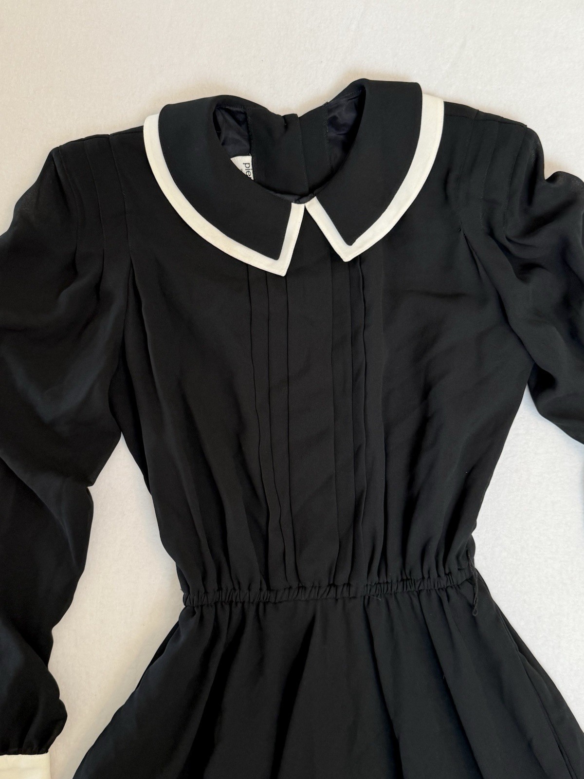 Vintage Pierre Cardin Boutique Black White Crepe Midi Dress Peter Pan Collar 8