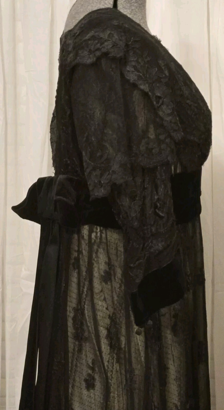Edwardian Black Chantilly Lace Tassels & Velvet Trim Gown