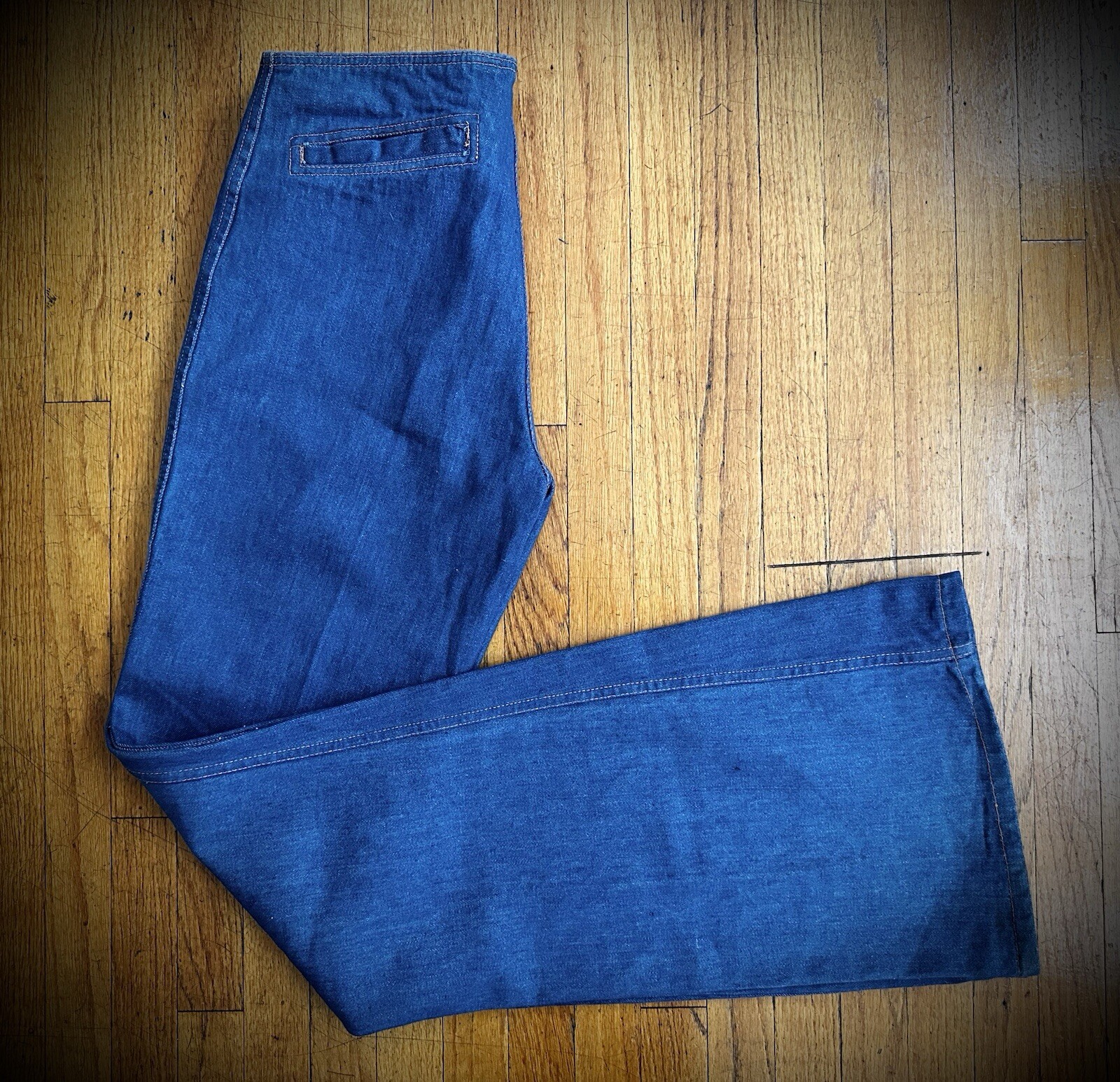 Vintage 70s Y2K Blue Denim Big Bell Bottom Jeans 32 x 38 Flare Low Rise 684 646