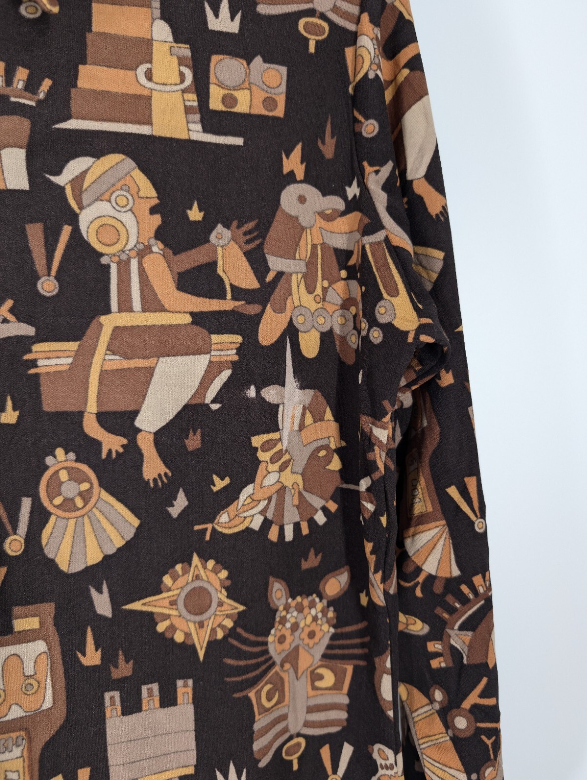 Vintage 70s Mod Boho Tribal Art Print Brown Disco Shirt Bodycon Stretch Nylon L
