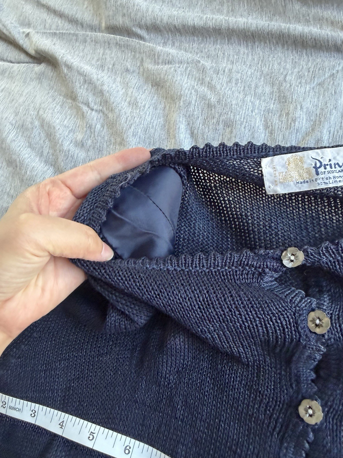 Pringle of Scotland 100% Linen Navy Sweater Cardigan M Open Knit Preppy Vintage