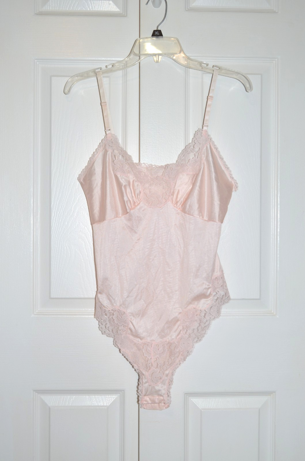 Vintage Teddy Pink Lace Ruffle Sheer Antron III Nylon One Piece Lingerie Size M