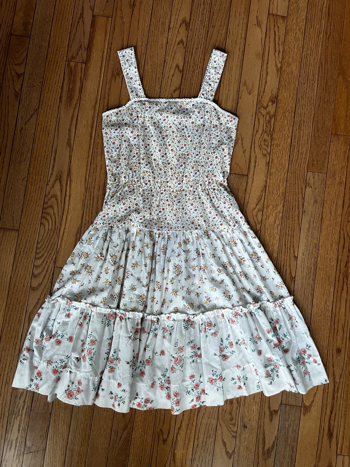 Vintage Tiered Sundress White with Pink & Green Floral 1970s