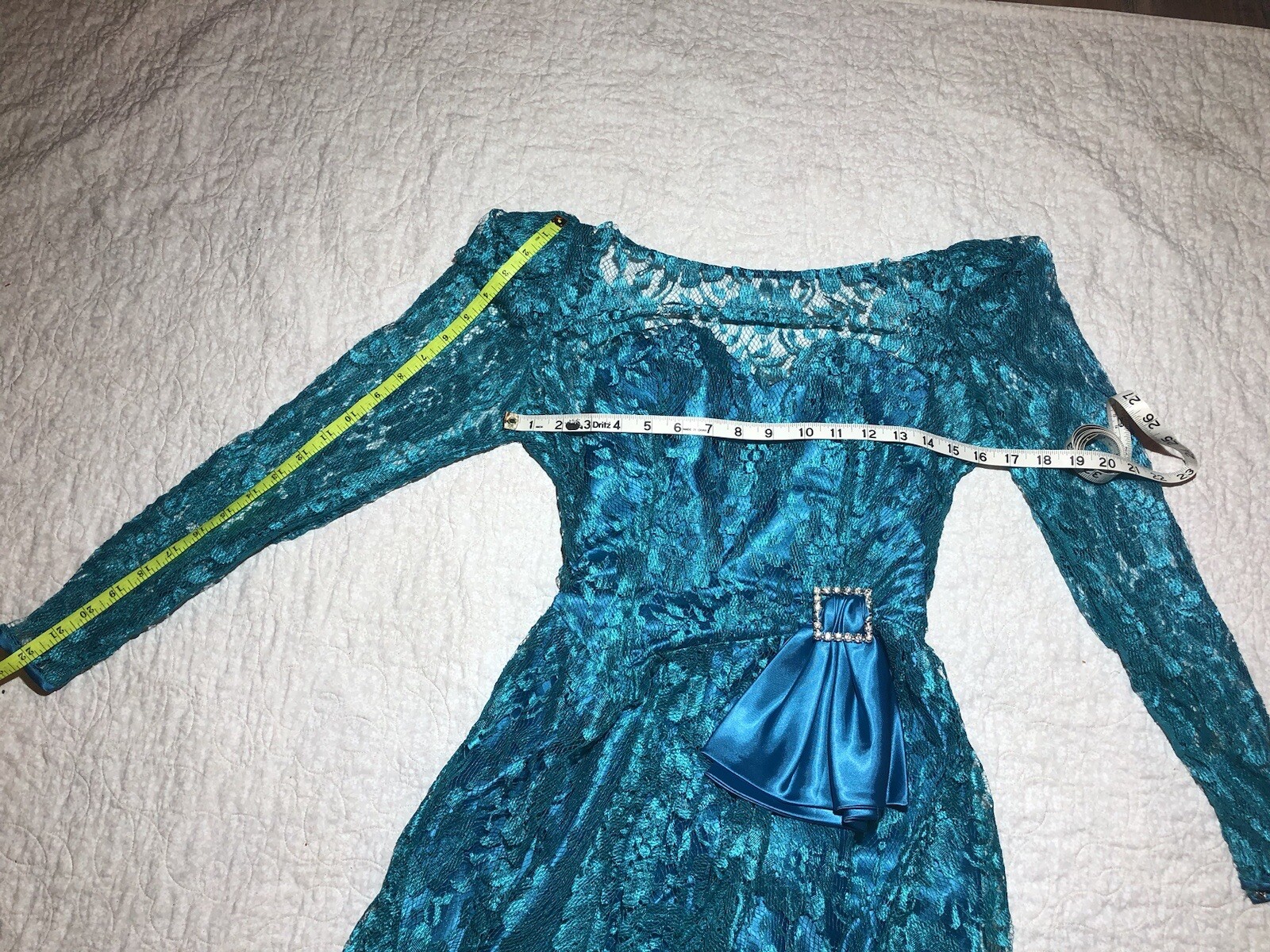 Vintage 80’s Lace Over Satin Teal Tea/Party Prom Dress Satin Bow Bling Sz 6 XS