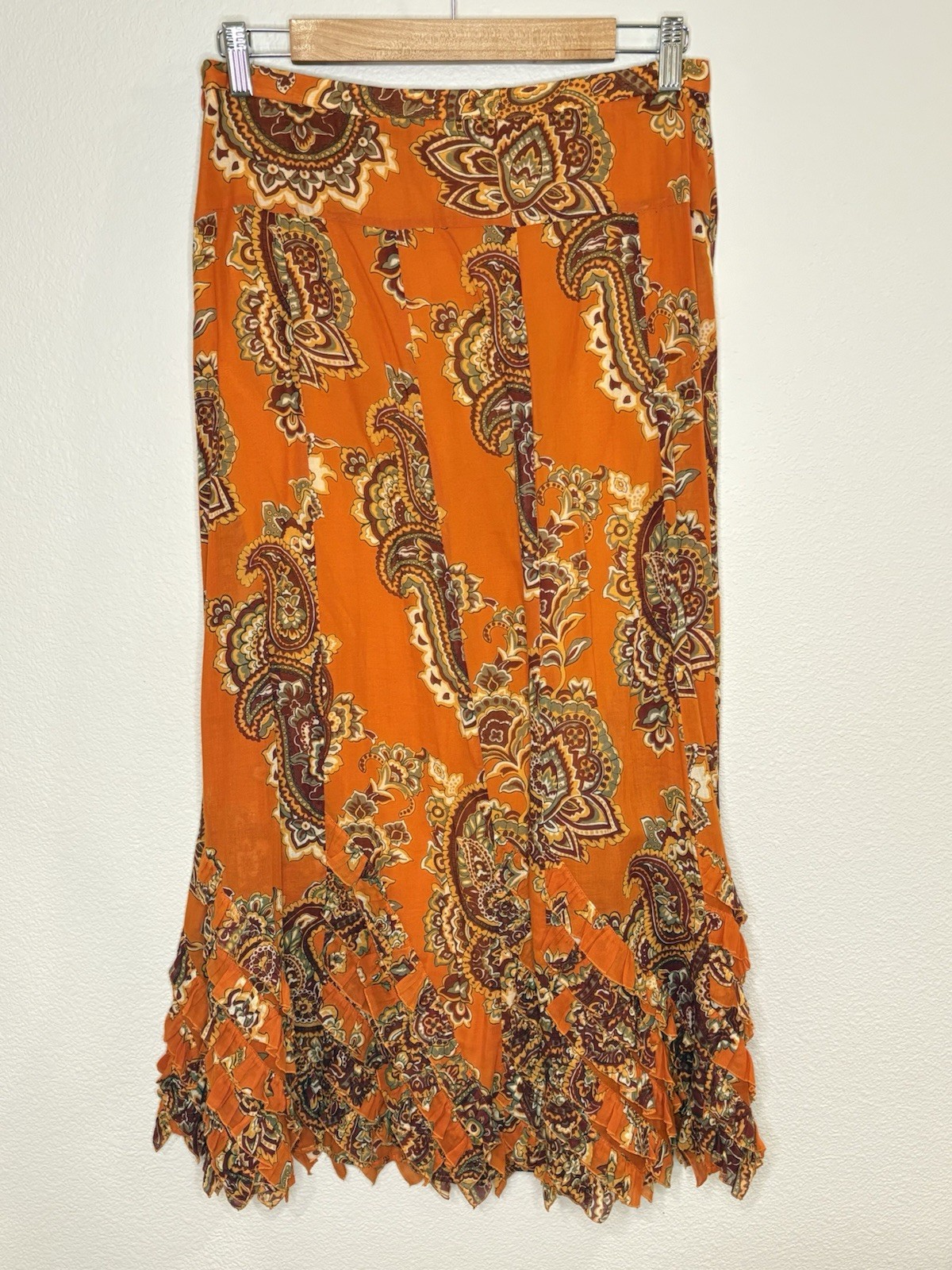 VTG 90s Moschino Cheap and Chic Orange Paisley Ruffled Maxi Skirt Italy 8 29″