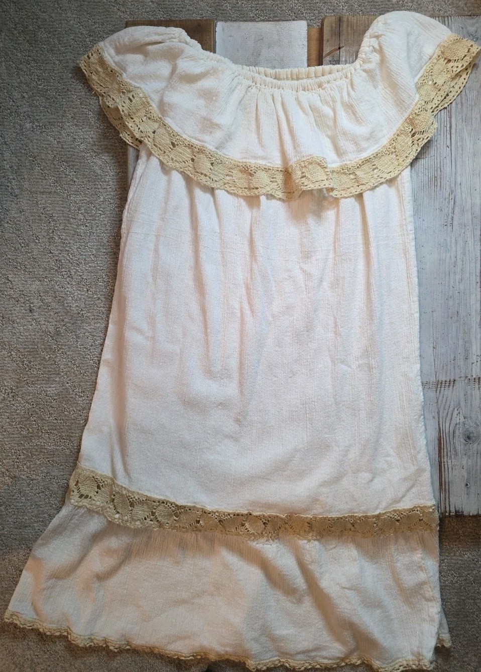 Vtg 70s Ivory Crochet Lace Trim Off Shoulder Boho Midi Dress *Read Desc For Size