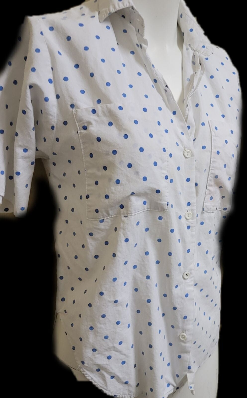 Vintage 80’s button up polka dot short sleeve retro white blue collared boyfrien