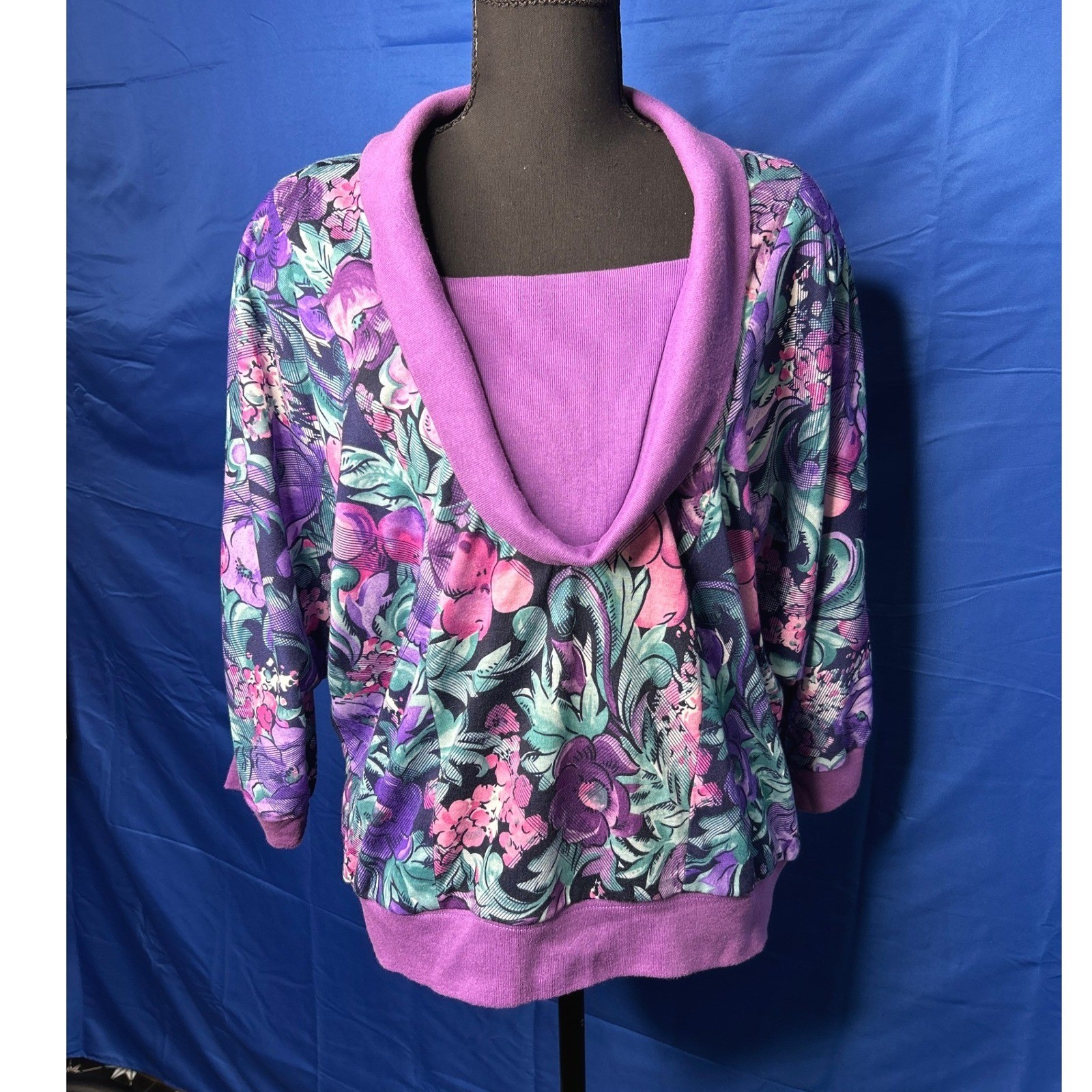 Vtg Womens Purple Floral Cowl Neck Top Sz M 1980s Fruit Cottage Boxy Retro Bold