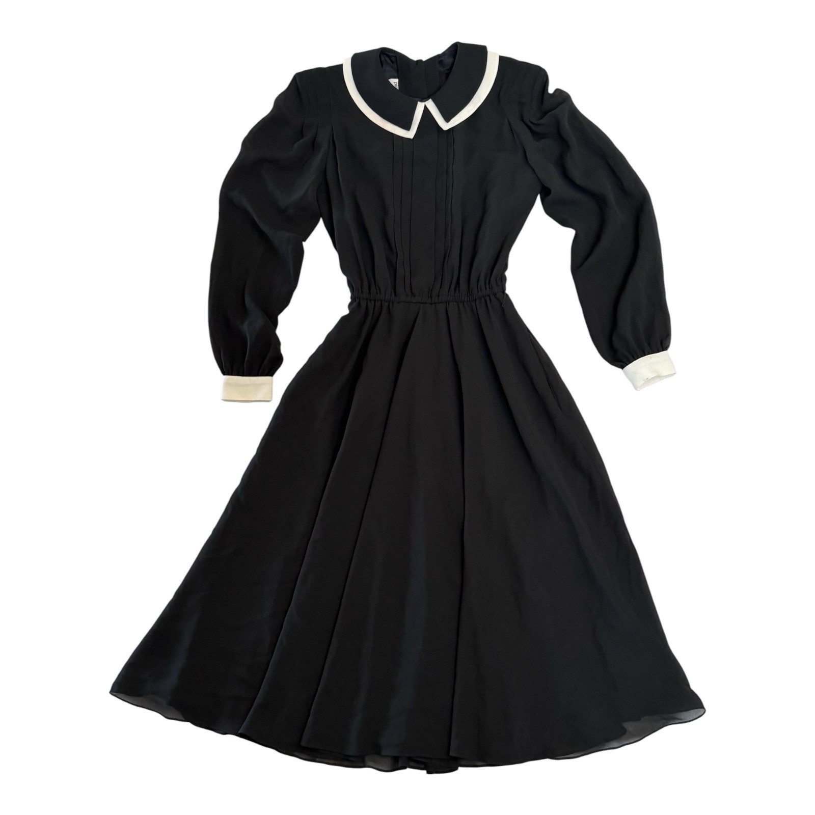 Vintage Pierre Cardin Boutique Black White Crepe Midi Dress Peter Pan Collar 8