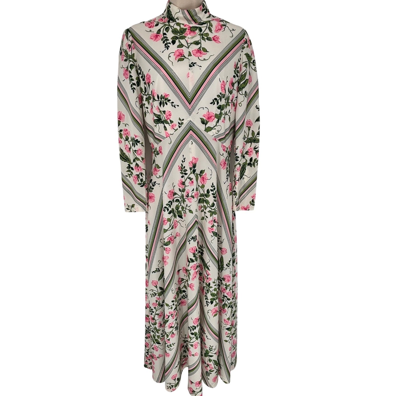Vintage Julie Miller California 70s Floral Chevron Maxi Dress Pink Green Sz 12