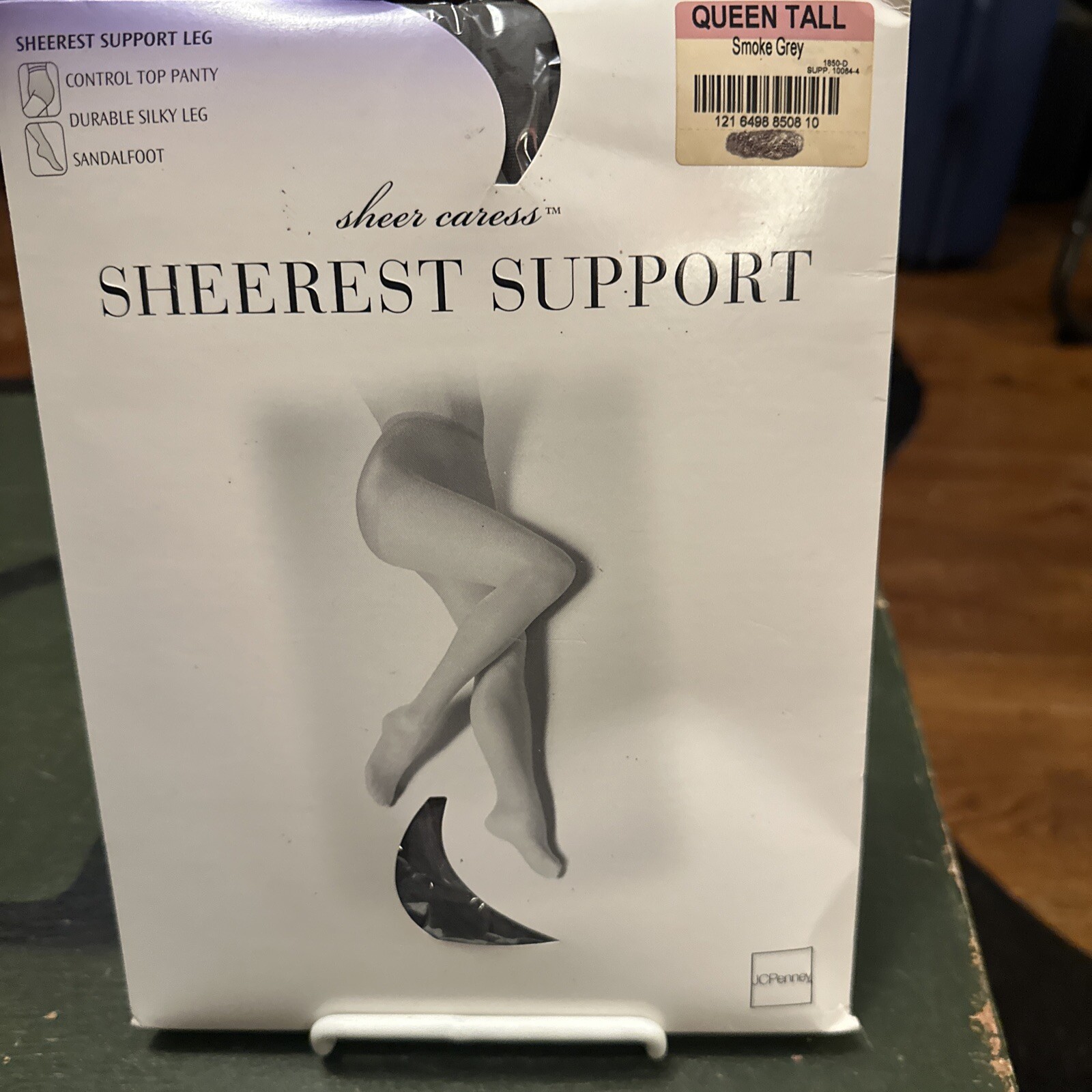 Vintage SHEER CARESS Sheerest Support Pantyhose Smoke Grey Queen Tall NOS
