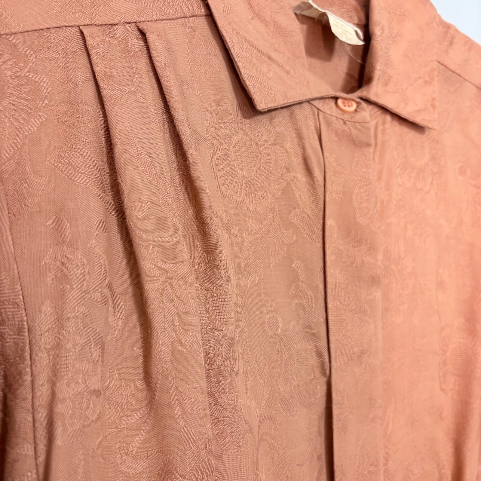 Vintage John Meyer 70s Embossed Floral Jacquard Blouse Terracotta Pink Size 14
