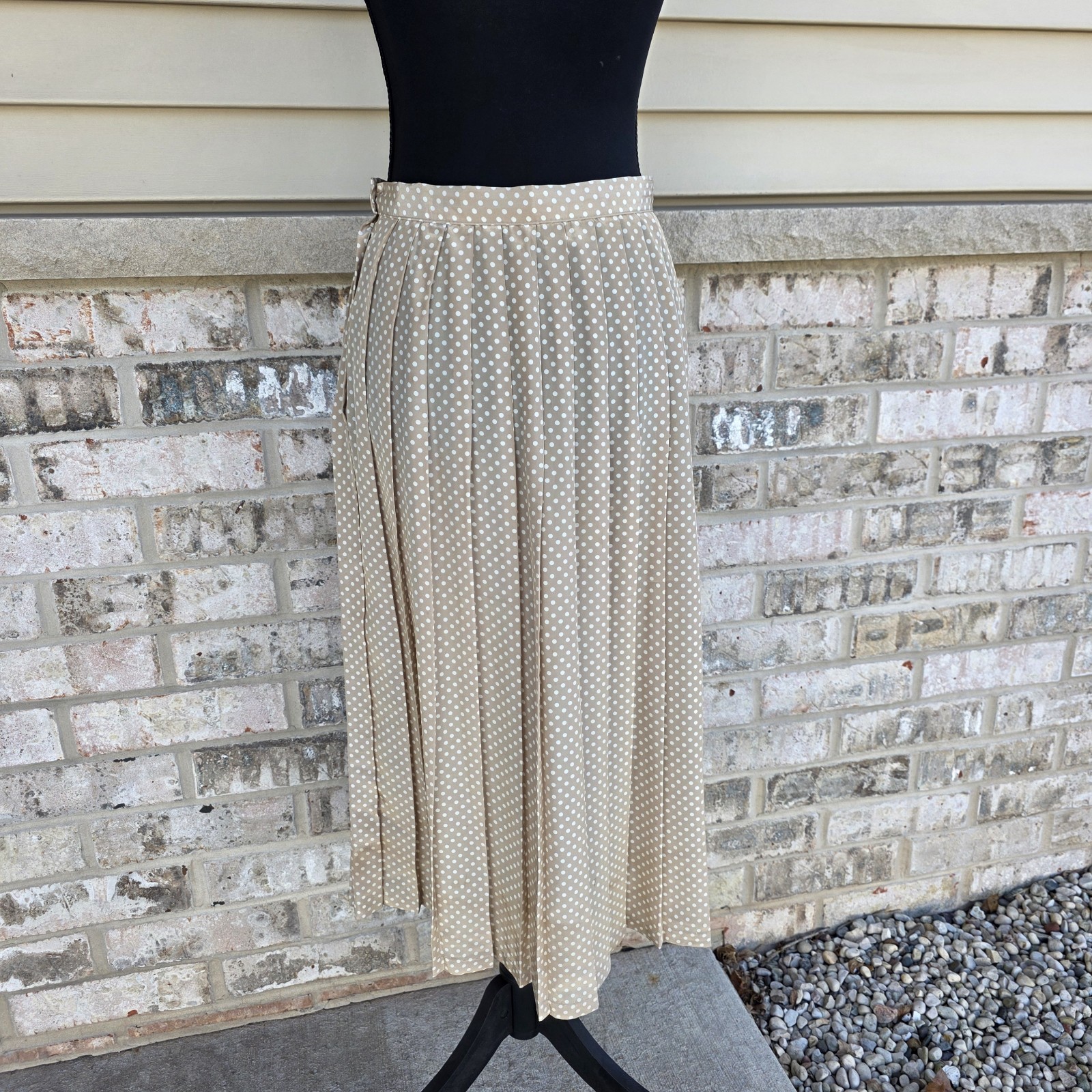 Vintage 80s Polka Dot Pleated Midi Skirt Tan Cream Russ Made USA ILGWU Size 10