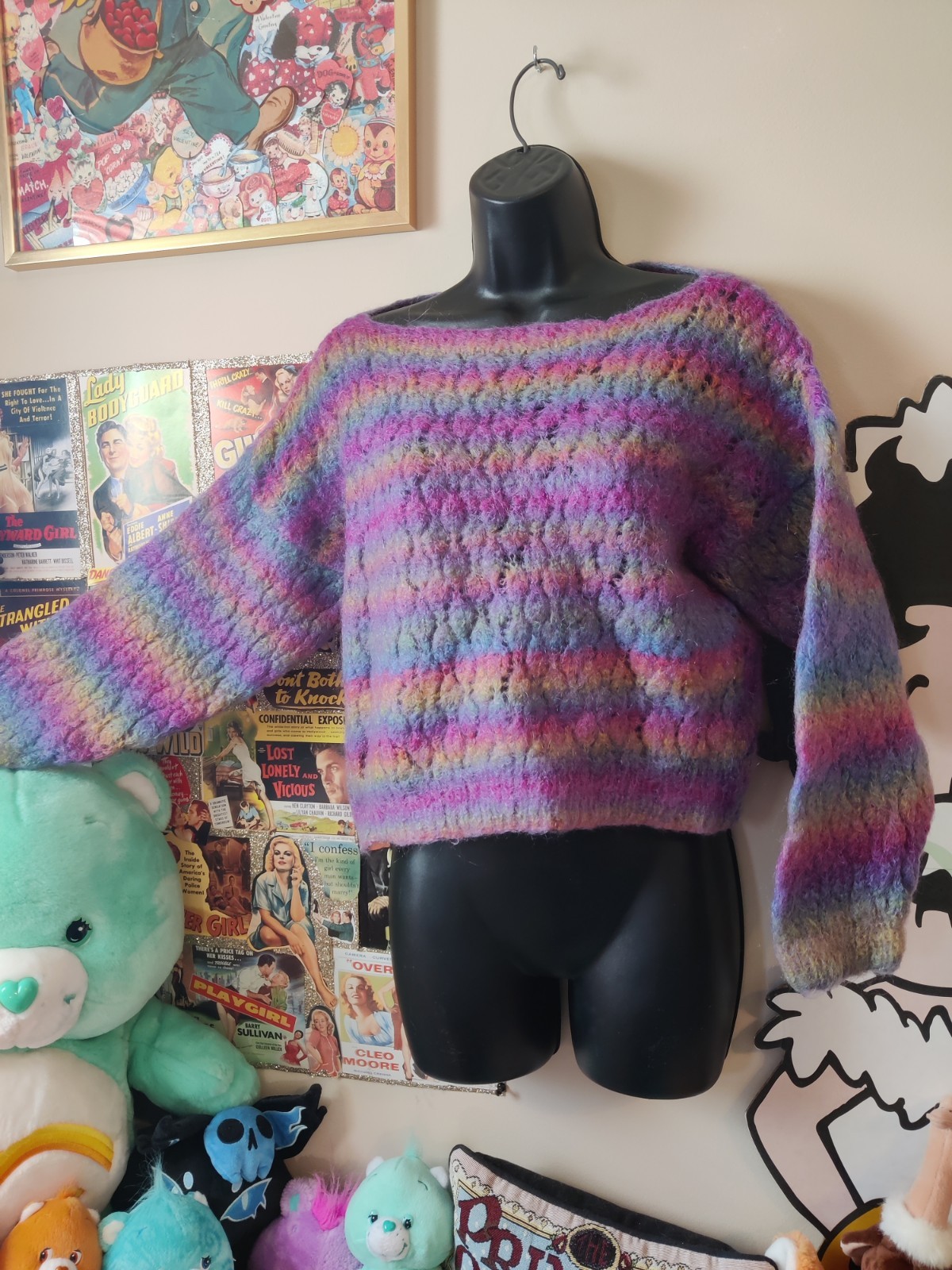 Vtg 90s 00s Rainbow Crochet Cropped Sweater Distressed Kawaii Decora Fairy Pride