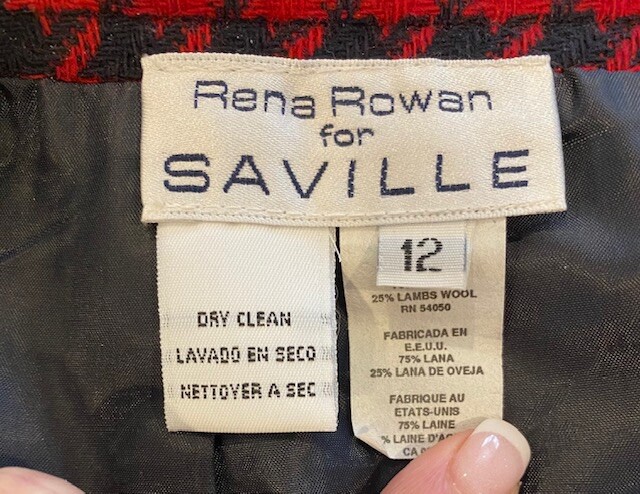Vintage Rena Rowan for Saville Wool Jacket and Skirt Set Red Navy Houndstooth
