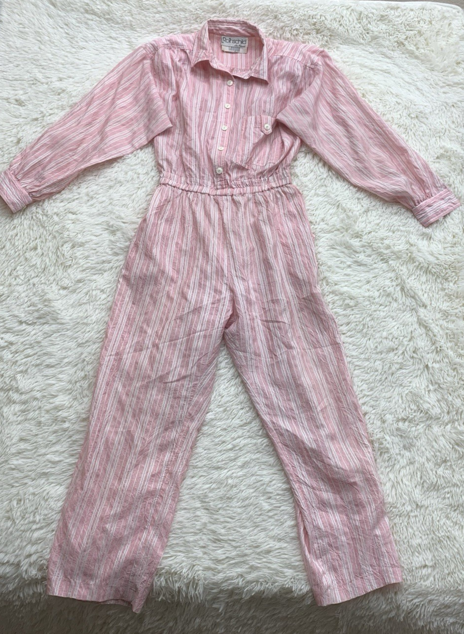 Vintage L Rothschild San Francisco Pink Striped Jumpsuit Pockets Collared Sz 12