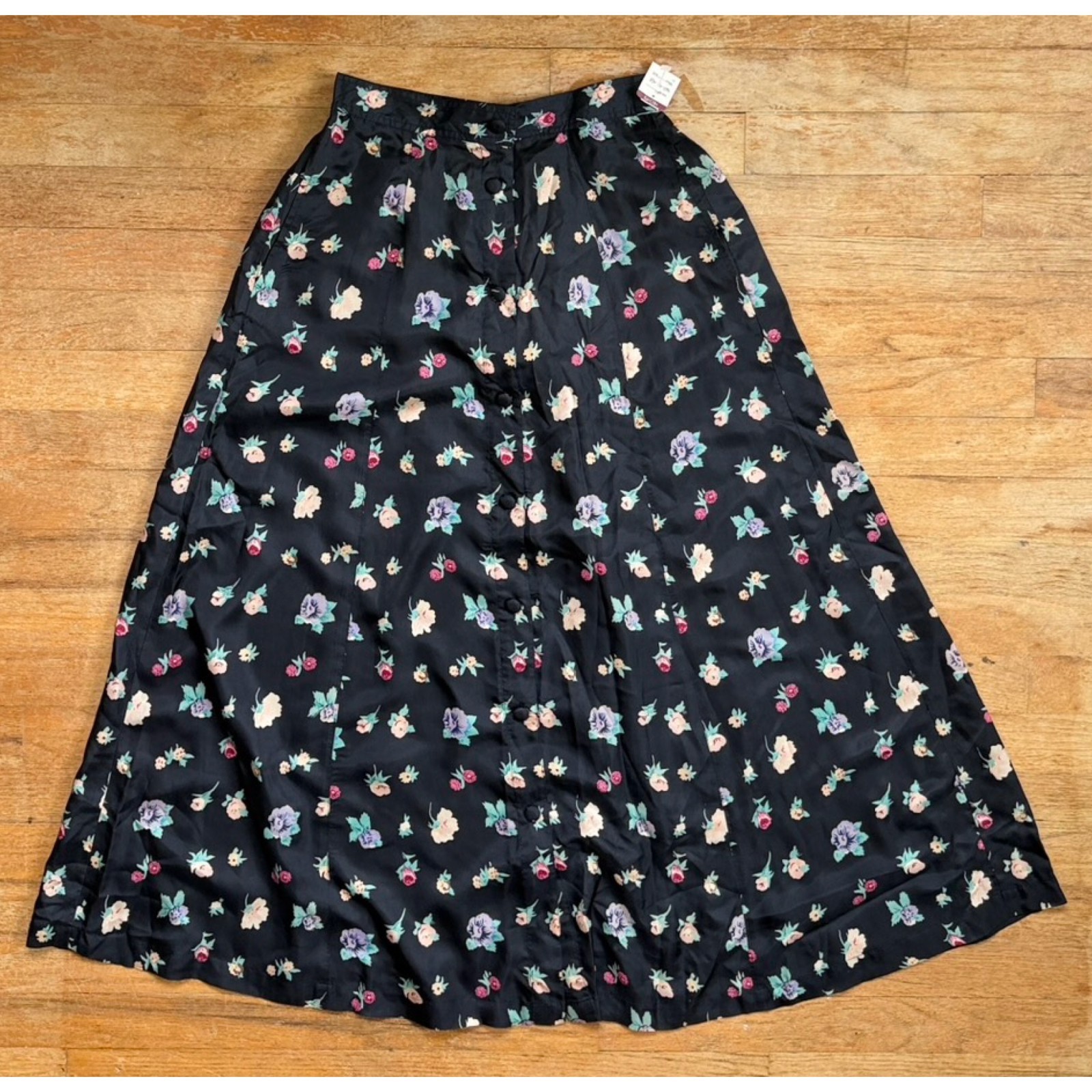 Vintage 100% Silk Floral Skirt Top Set Size Small Black Two Piece Midi Outfit