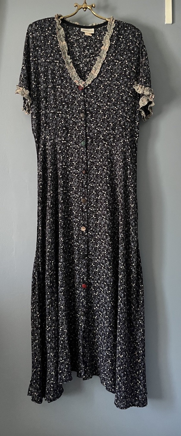 Vintage Zoe California Rayon Navy Full Length Dress Size Sawing Machine Motif