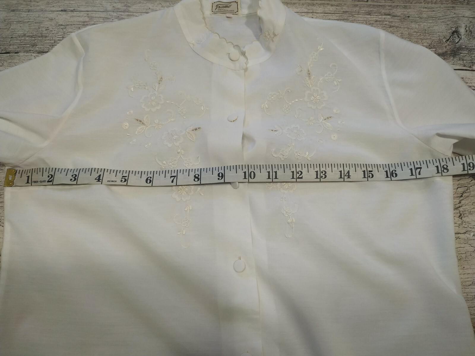 VINTAGE 60’s White Polyester Blend Blouse Embroidery Tramo Switzerland Size 38