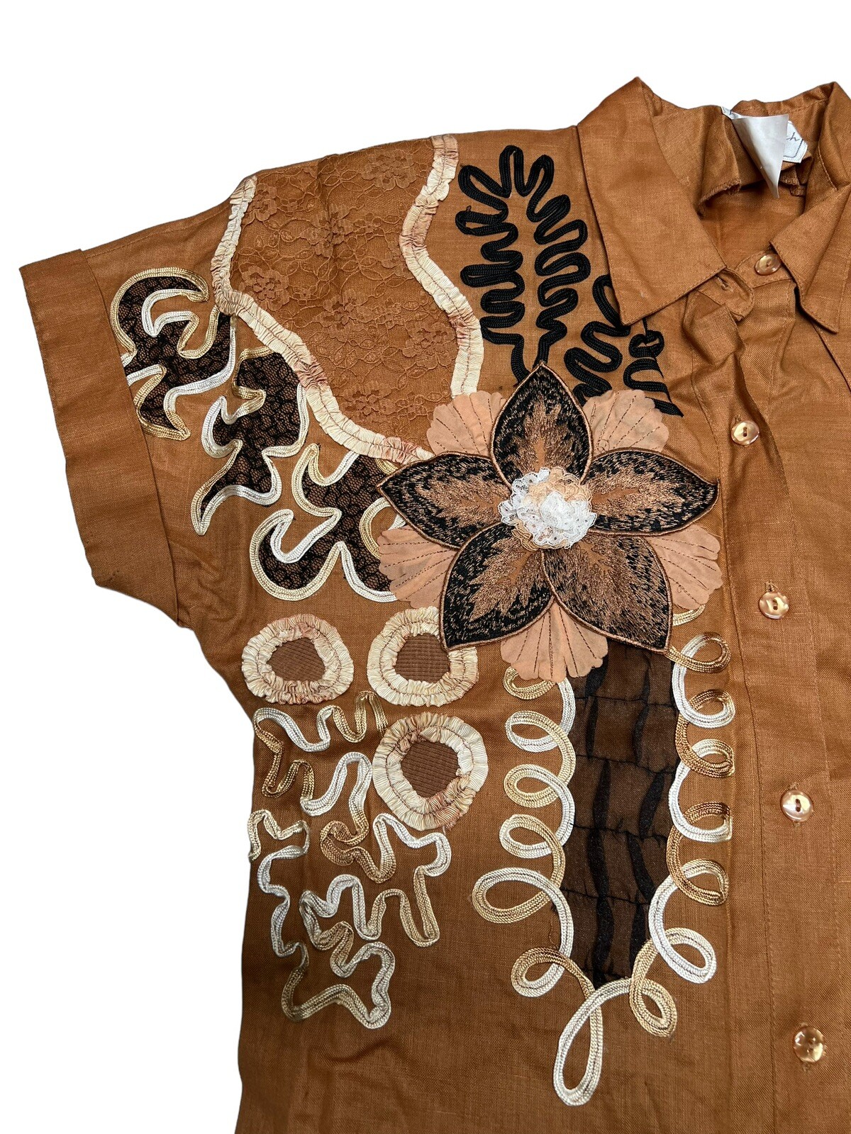 Vtg NOS Anne French Artsy Art to Wear Embellished 100% Ramie Blouse SZ 8 Brown