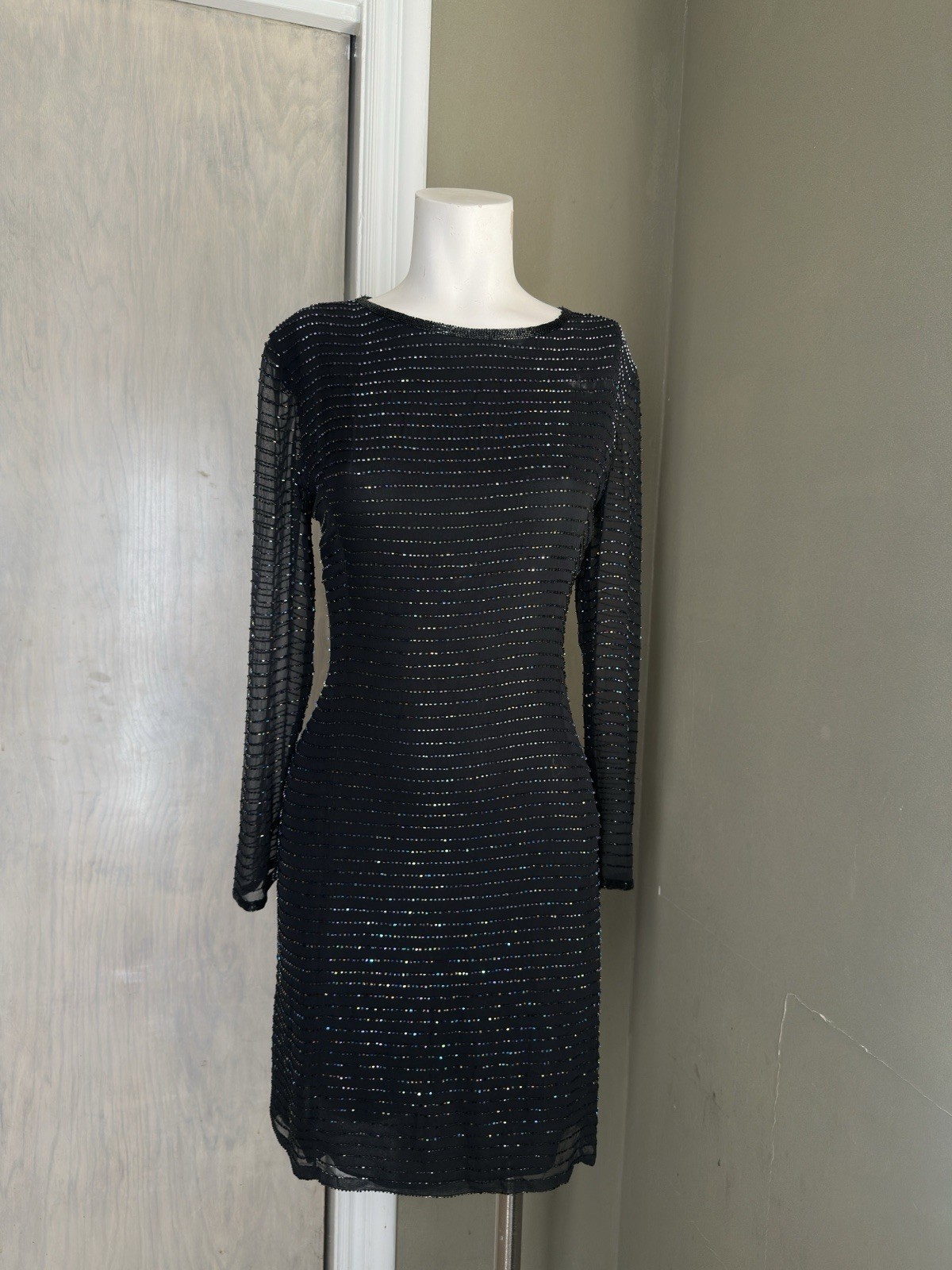 Vintage 80’s Silk Sequin Beaded Party Dress, Sheer, Lining L sleeves byt Bieff