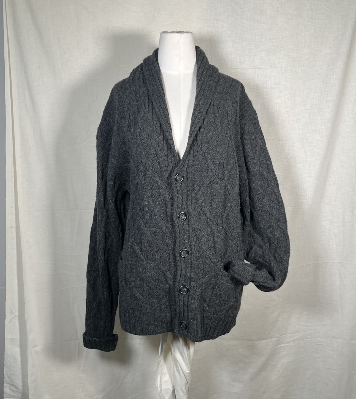 Vintage 60s 70s Pendleton Cable Knit Lamb Wool Collar Cardigan Sweater Grey M US