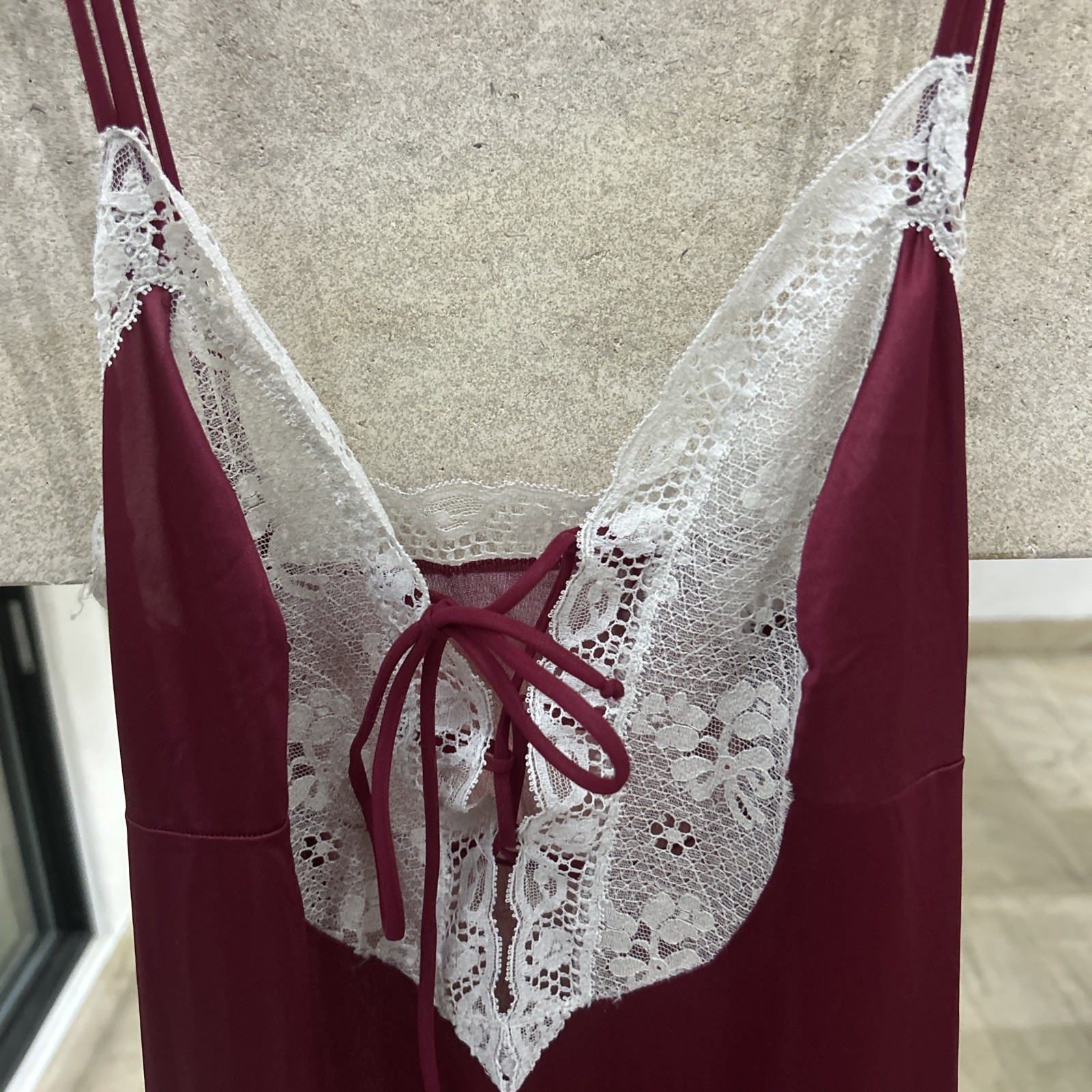 VINTAGE Vasarette Red Satin Long Nightgown Dress Lace Rossette Nightie Lingerie
