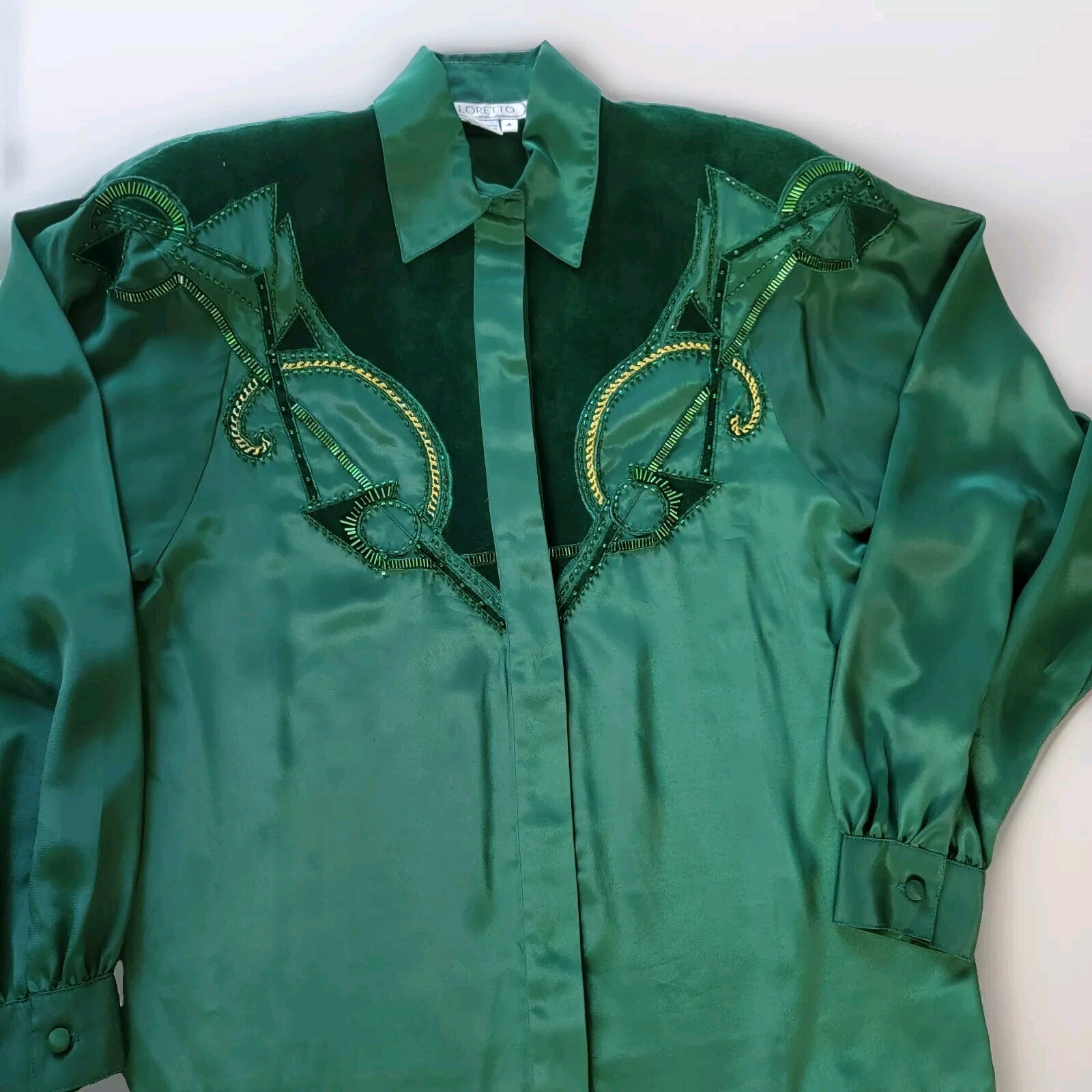 VTG Western Cowgirl Rodeo Baroque Sequin Suede Beaded Embroidery Blouse Green M