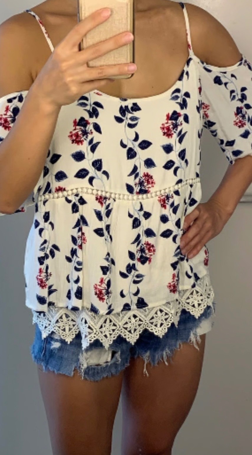 Skies Are Blue Y2K Floral Cold Shoulder Top Crochet Lace Hem Rayon Boho Large