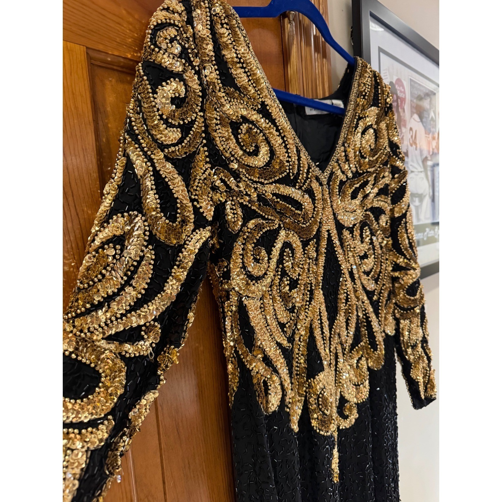Niteline Della Roufogali Vintage Silk Beaded Sequin Gown Gold Black Maxi Dress 8