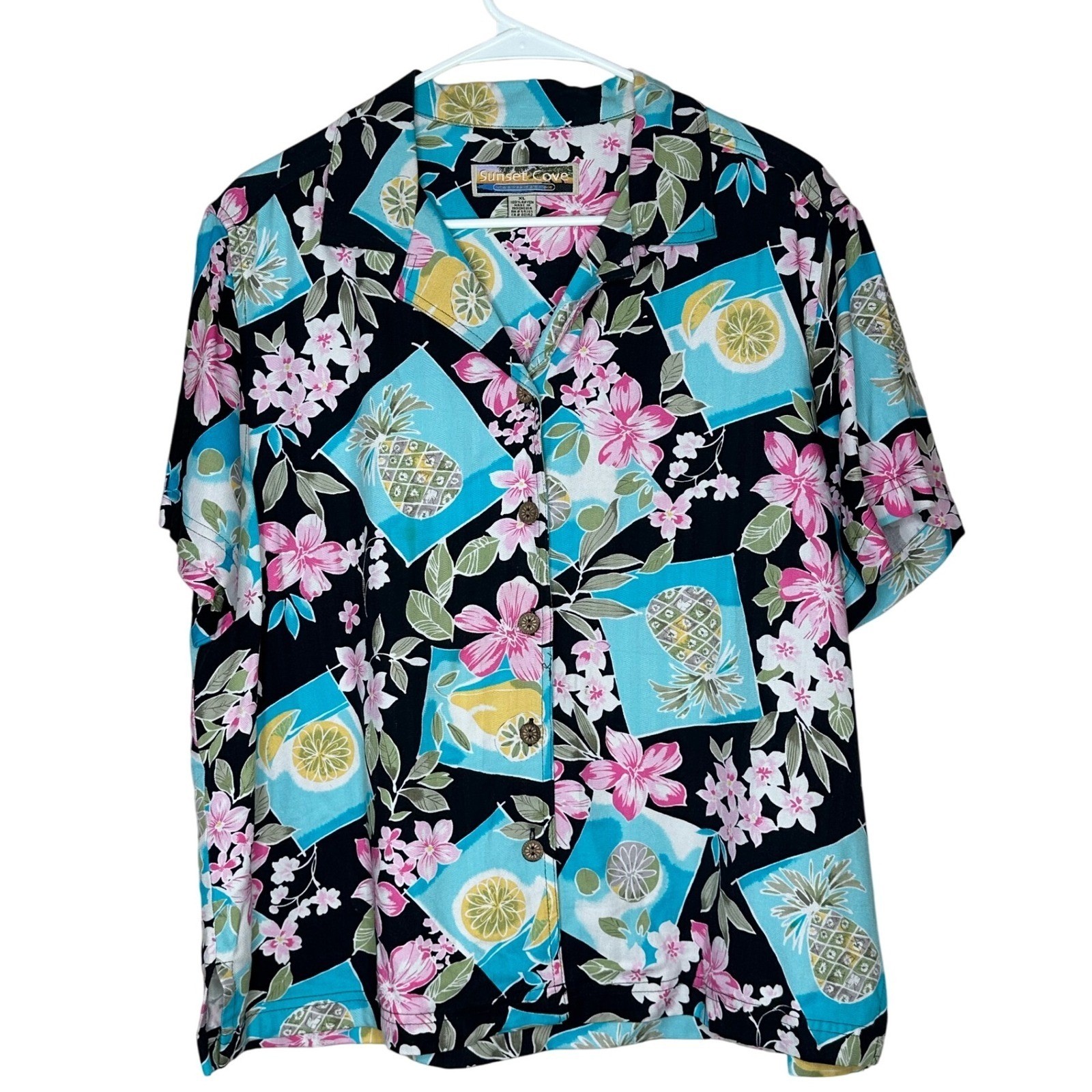 Sunset Cove VTG XL Tropical Pineapple Citrus Floral Rayon Camp Shirt Black Teal