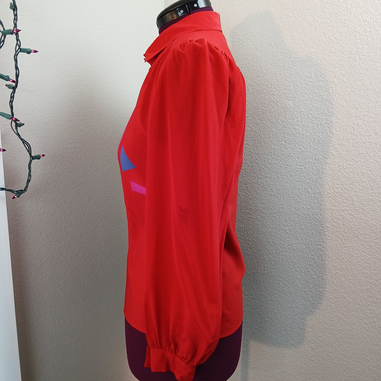 Mary McFadden Vintage 80s Red Silk Blouse 12 stains long sleeve collared buttons