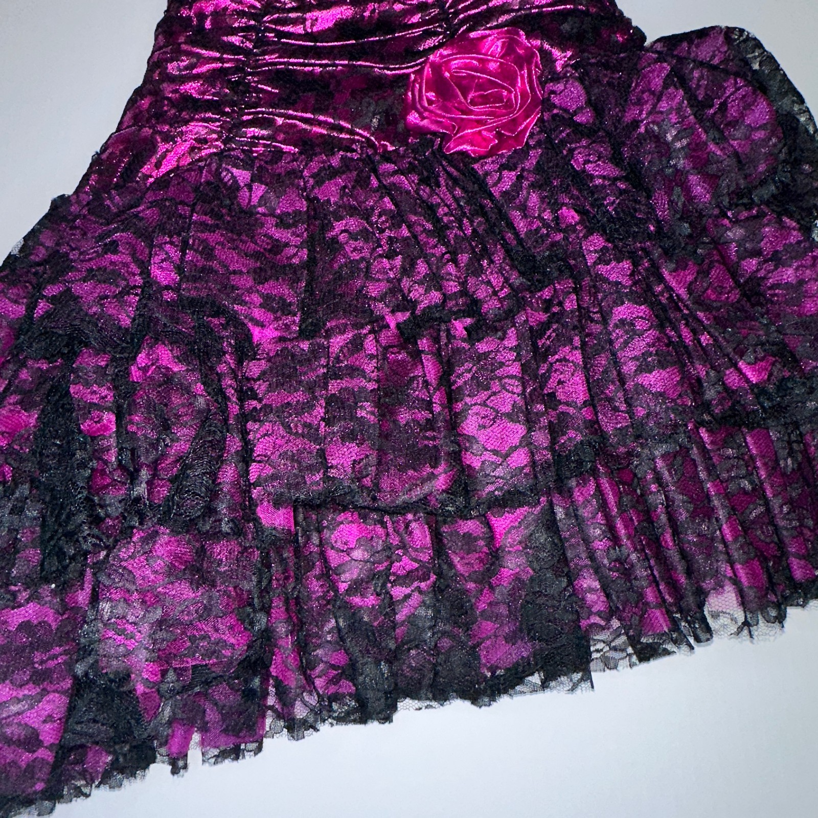 VTG Night Moves Prom Dress Sz 5/6 Fuchsia Pink Metallic Black Lace asymmetrical