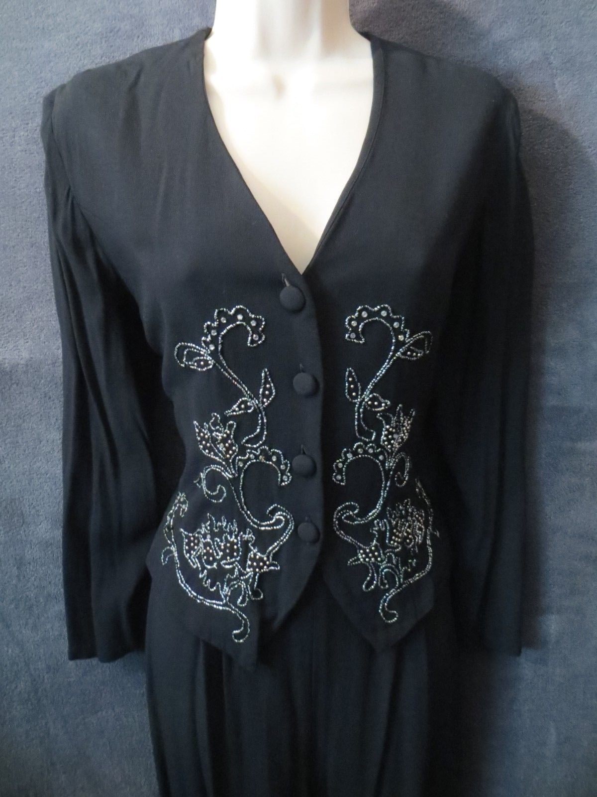 80’s 90’s Vintage Karin Stevens Black Rayon Silver Rhinestone Vest Jumpsuit 8