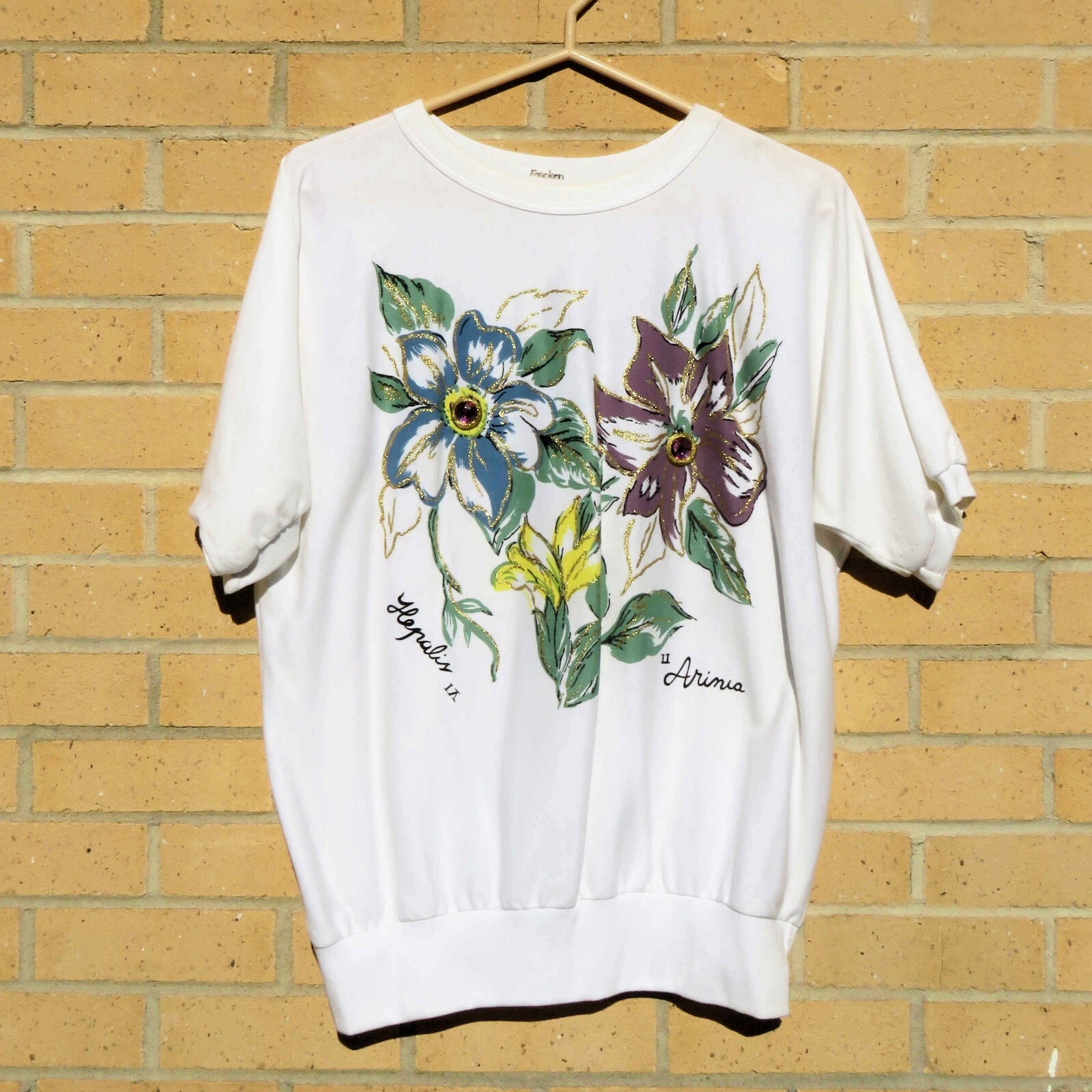 Bright Flowers Rhinestones Glitter D. K. Gold T-Shirt Tee 46″ Bust EUC