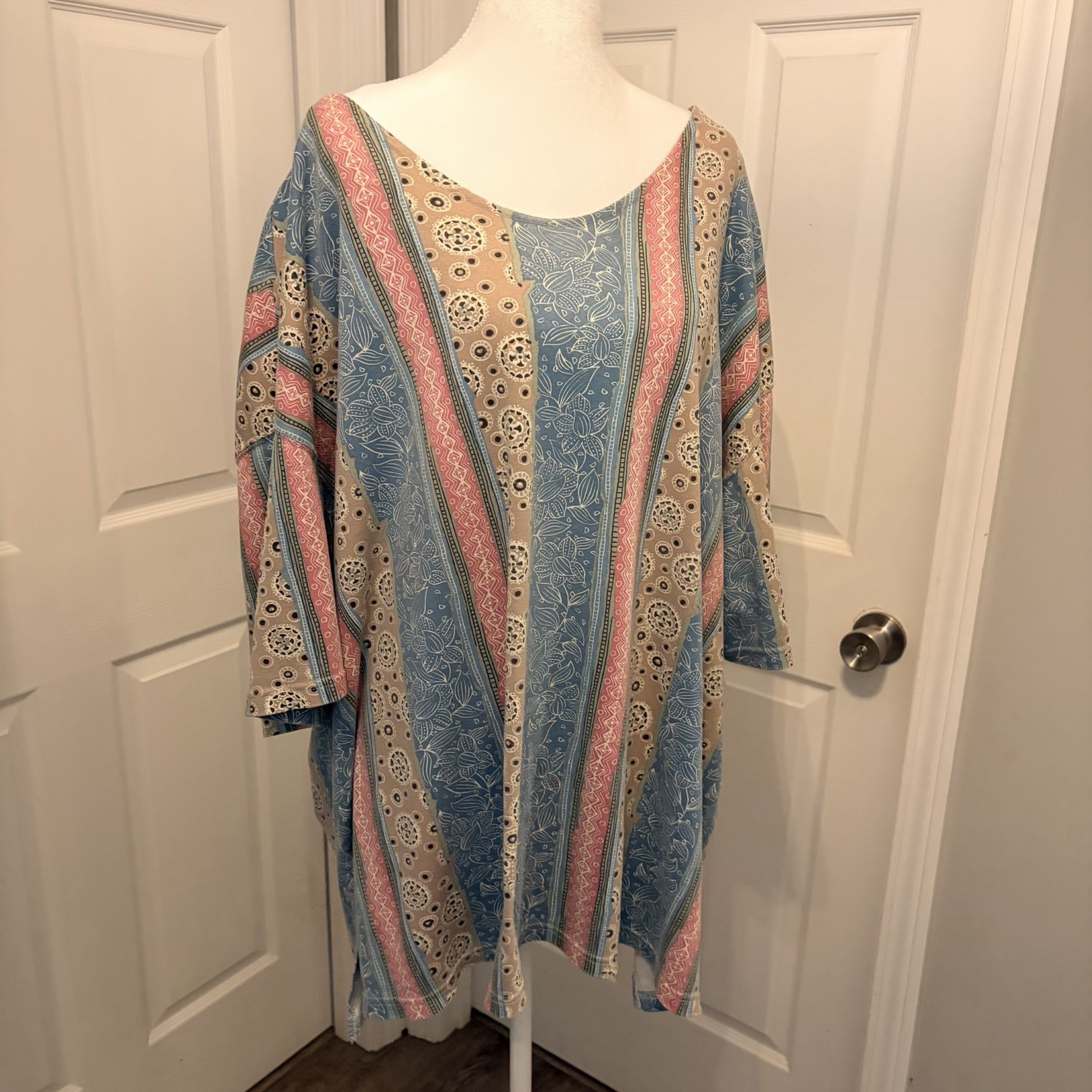Vtg 90s Jacque & Koko Tunic Blouse 26/28 3X 4X Patchwork Vertical Print Boho EVC