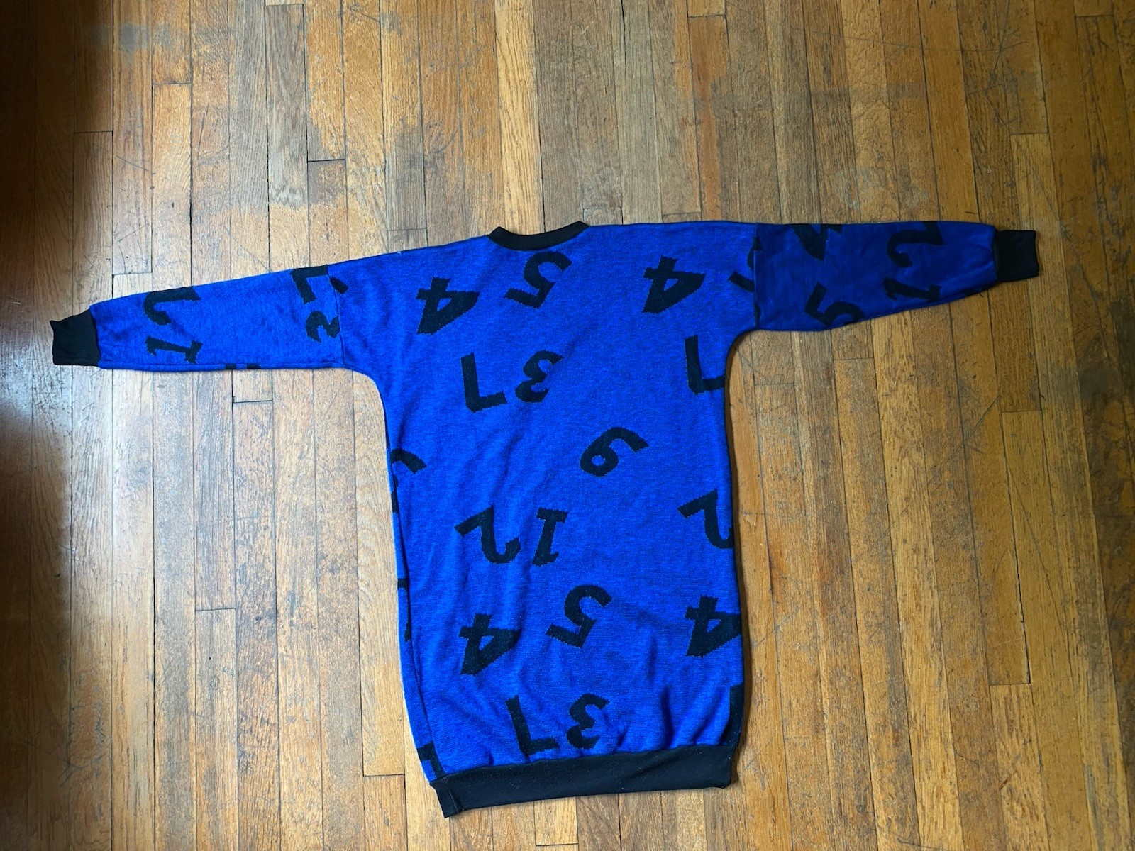 Vtg 80s Sears Graphic Number Knit Sweater Dress Small Blue Black New Wave USA