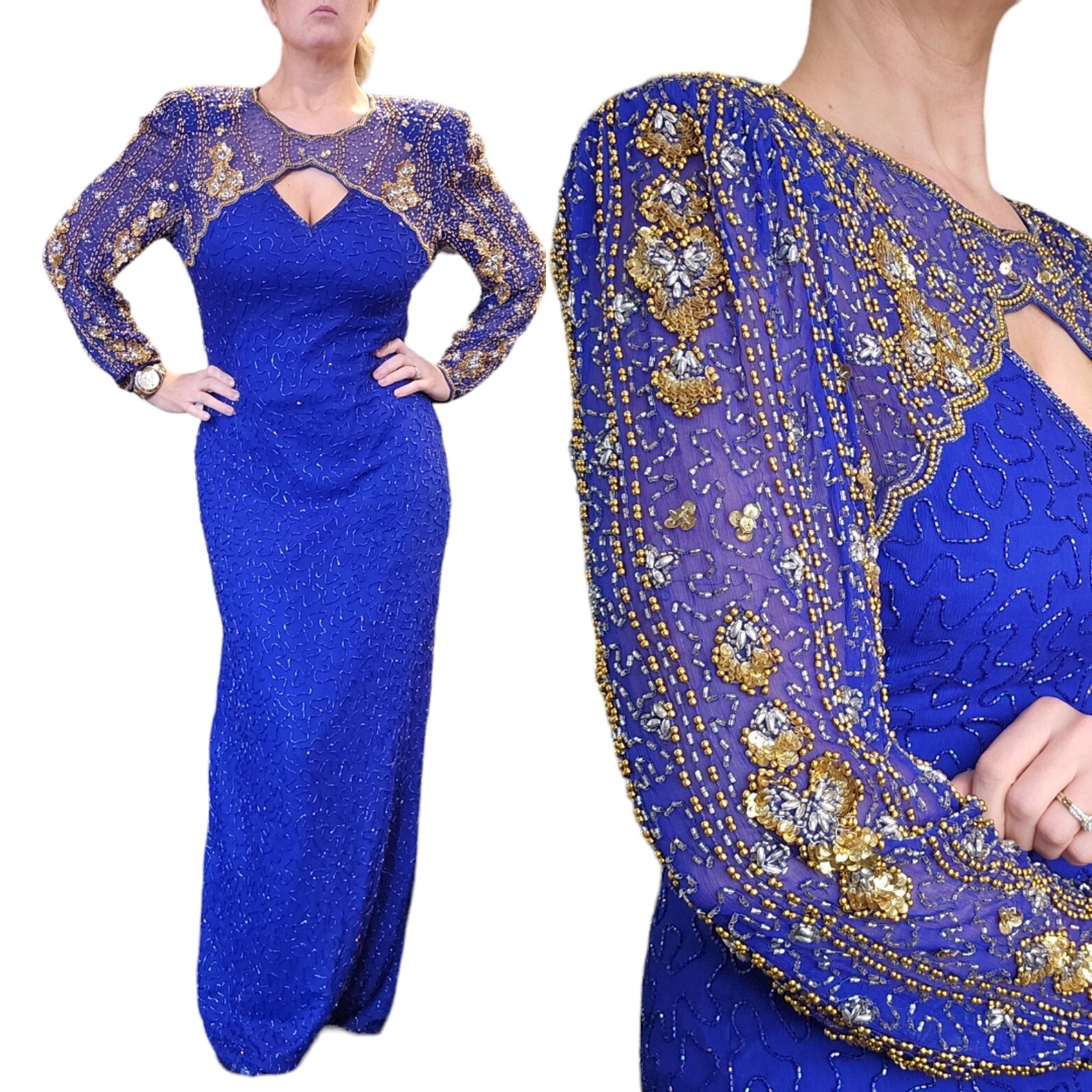 Vintage 80s Royal Blue Silk Beaded Sequins Long Gown Dress Medium 8 10