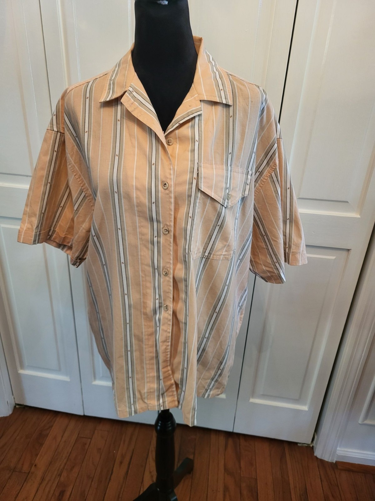 Vintage 80s/90s Peach/Tan Striped Camp Shirt Cabin Creek L Casual Summer Beach